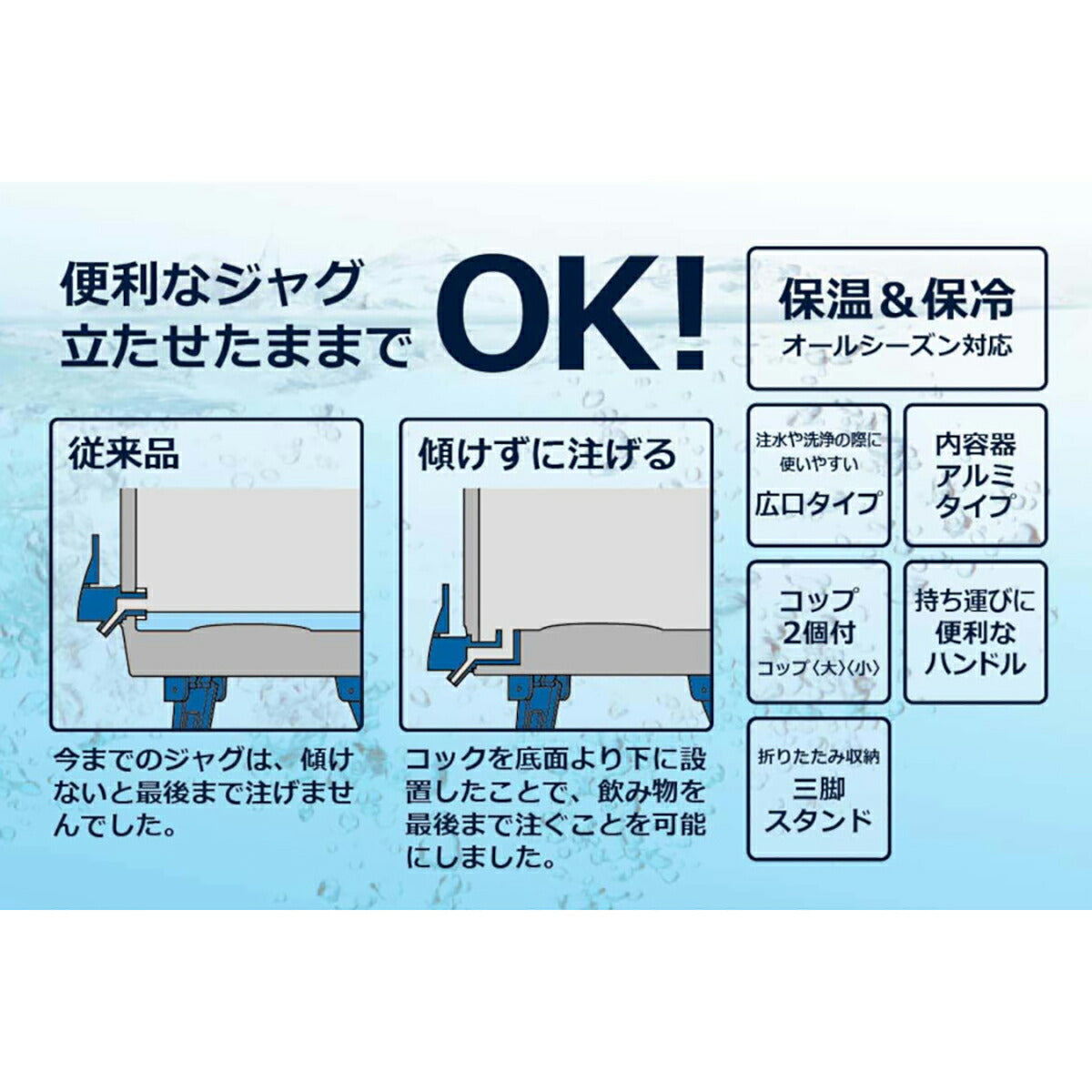 最後まで注げる!ウォータージャグ 保温保冷対応 ネイビー 3L