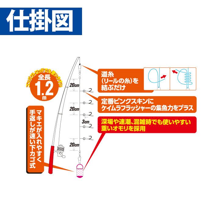 海釣り公園 下カゴ式サビキ釣りセット ピンクスキン ケイムラフラッシャー M 5本鈎1セット