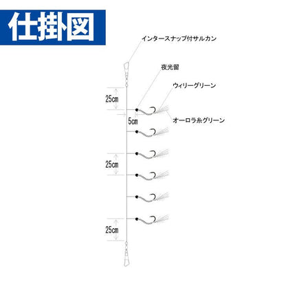 一押しサビキ 北海道ホッケ・サバ ツイストウィリーグリーン 鈎8号/ハリス3号 6本鈎1セット